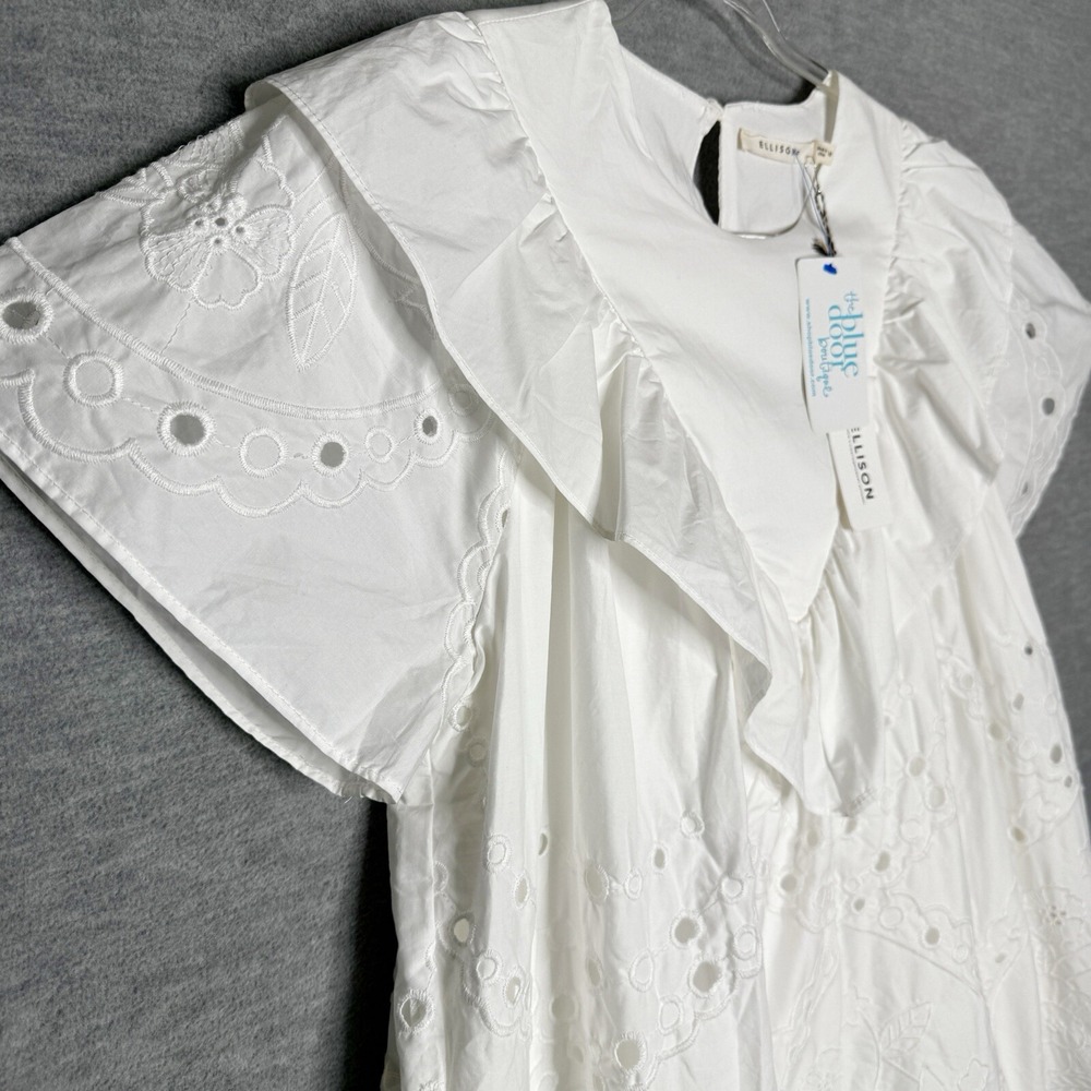 Ellison Dress Women's Size Medium Solid White Eyelet Ruffle Elsie New Bride Mini - Picture 3 of 9